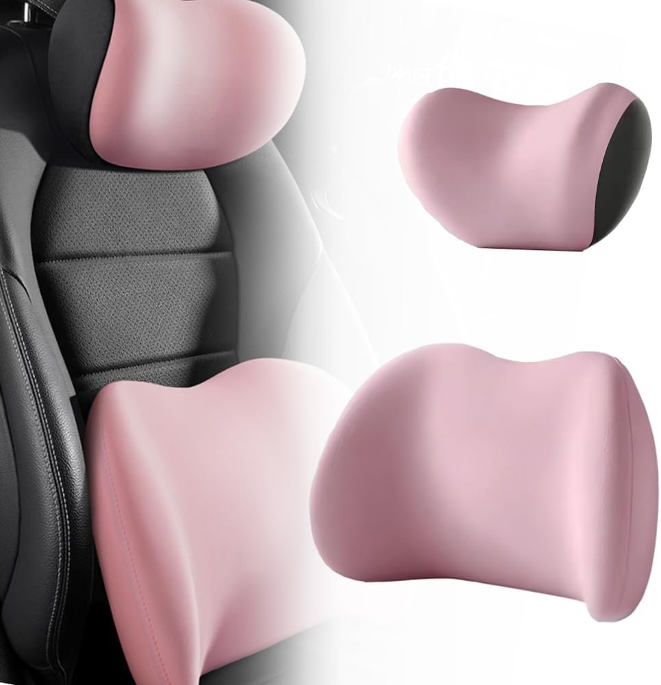 Car Headrest & Lumbar Support Cushion, New Car Lumbar Support Pillow and Car Neck Pillow Kit, Ergonomic Car Seat Headrest & Lumbar Cushion for Neck Back Pain Relief (Pink)