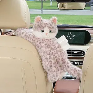 Plush Cat Tissue Box Cover with Doll Hanging Vehicle Organizer, Pink