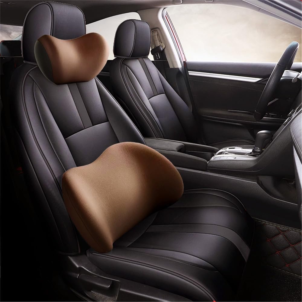 Car Headrest & Lumbar Support Cushion, New Ergonomic Car Seat Headrest & Lumbar Cushion with Adjustable Strap, Car Lumbar Support Pillow and Car Neck Pillow Kit for Neck Back Pain Relief (Coffee)