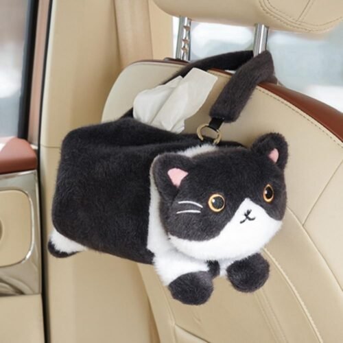 Cute Car Tissue Holder Plush Kitten Paper Box with Headrest Hook, Style D