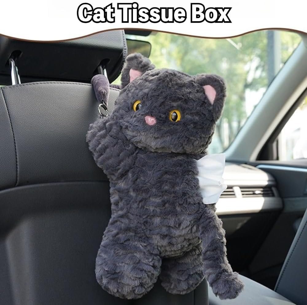 Plush Cat Car Tissue Holder Backseat Hanging Organizer, Black - Image 2