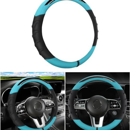 Microfibre Faux Leather Steering Wheel Cover, Universal Car Steering Wheel Cover, Made of Faux Leather, Universal, Sweat-Absorbing, Breathable Car Steering Wheel Covers (Black Cyan)