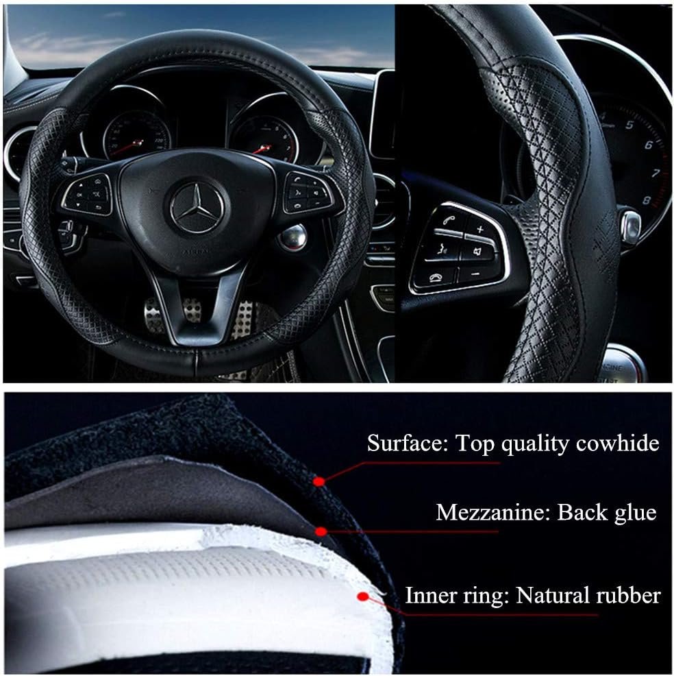 Black Leather Steering Wheel Cover Cowhide Wheel Cover Genuine Leather BMW Steering Wheel Cover Universal 15inch Fit Car/Auto/SUV (A-Black) - Image 2
