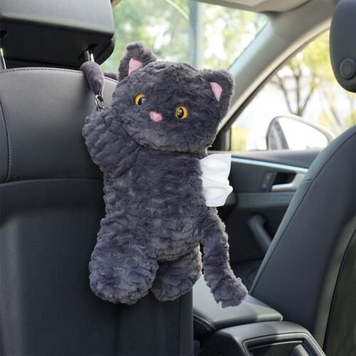 Plush Cat Car Tissue Holder Backseat Hanging Organizer, Black