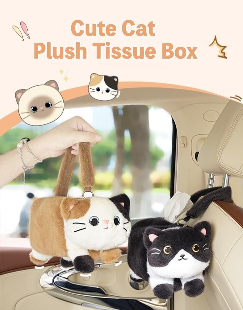 Cute Car Tissue Holder Plush Kitten Paper Box with Headrest Hook, Style D - Image 2