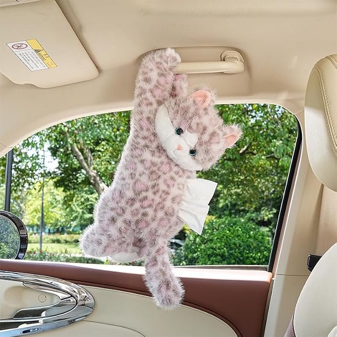 Plush Cat Tissue Box Cover with Doll Hanging Vehicle Organizer, Pink - Image 2
