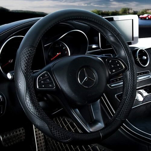 Black Leather Steering Wheel Cover Cowhide Wheel Cover Genuine Leather BMW Steering Wheel Cover Universal 15inch Fit Car/Auto/SUV (A-Black)