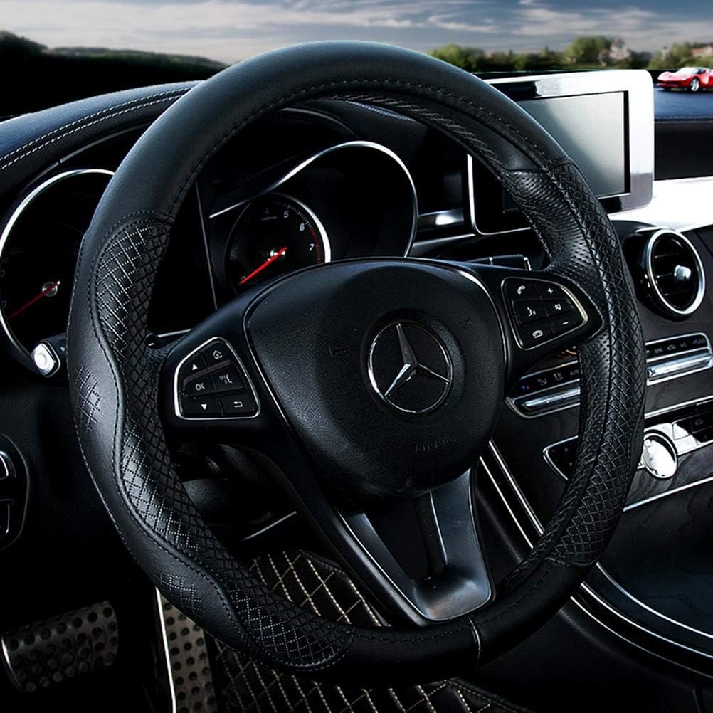Black Leather Steering Wheel Cover Cowhide Wheel Cover Genuine Leather BMW Steering Wheel Cover Universal 15inch Fit Car/Auto/SUV (A-Black)