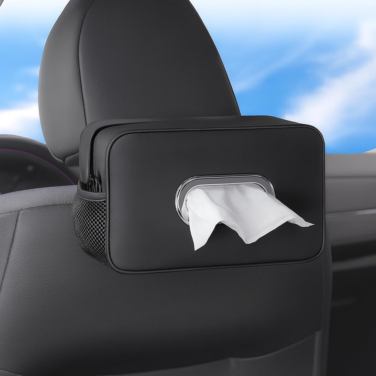 Multi-Functional Car Tissue Holder with 2 Storage Nets, Tissue Box Cover