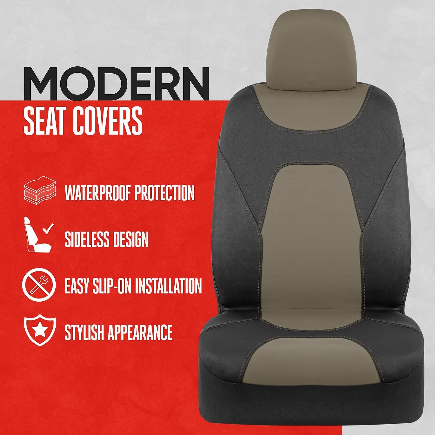 Car Seat Covers for Front Seats, Beige – Two-Tone Waterproof Seat Covers for Cars, Neoprene Front Seat Cover Set, Interior Covers for Auto Truck Van SUV - Image 2
