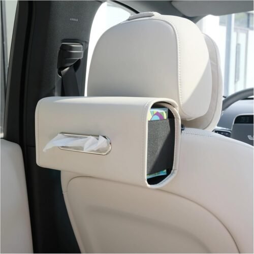 Car Tissue Holder,  Premium PU Leather Tissue Box Holder for Car Seat Back, Extra Large Tissue Box Cover Rectangle Fits for Regular Size Tissues (Beige)