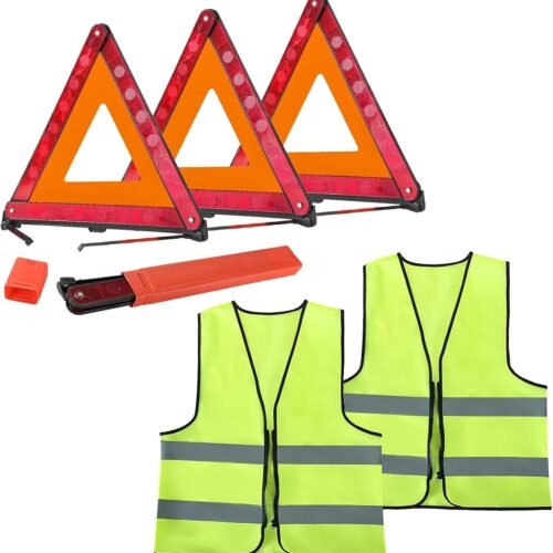 3 Pack Emergency Warning Triangles with 2 Pack Reflective Vest Kit