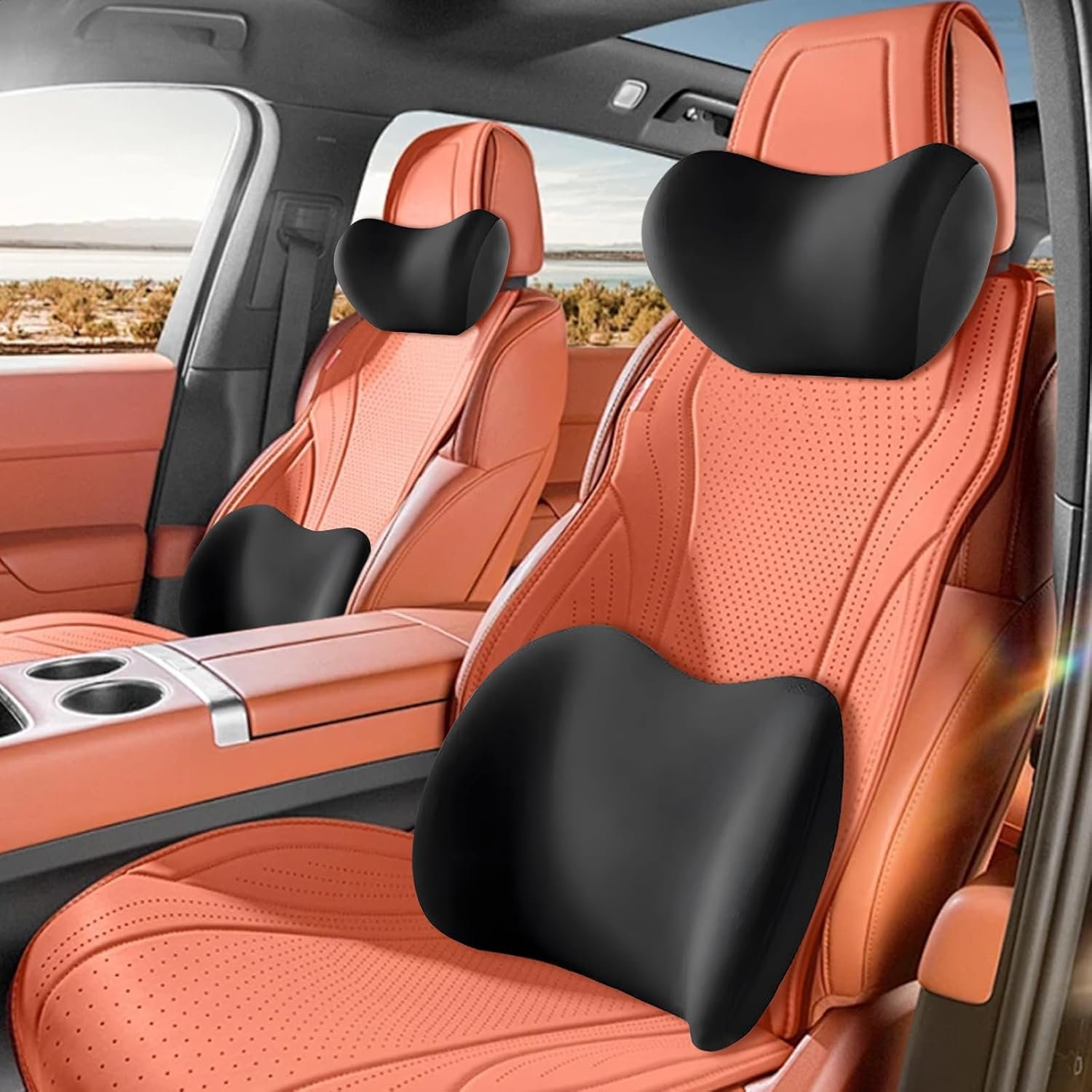 Car Headrest & Lumbar Support Cushion, New Car Lumbar Support Pillow and Car Neck Pillow,Ergonomic Car Seat Headrest Neck Rest Cushion Lumbar Support Pillow Memory Foam & Breathable Removable