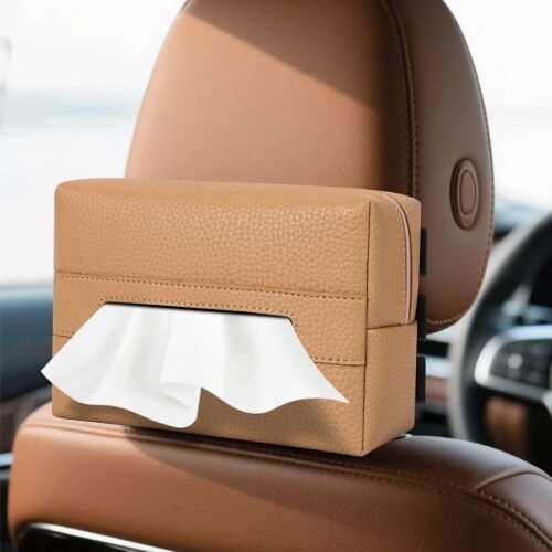 Car Tissue Holder, Standard Tissue Holder for Pu Leather Car Napkin Holder, Backseat Extra Large Tissue Organization Fit for 120-230 Tissues per Box 7.08'' x 4.72'' x 3.15'' (Khaki)