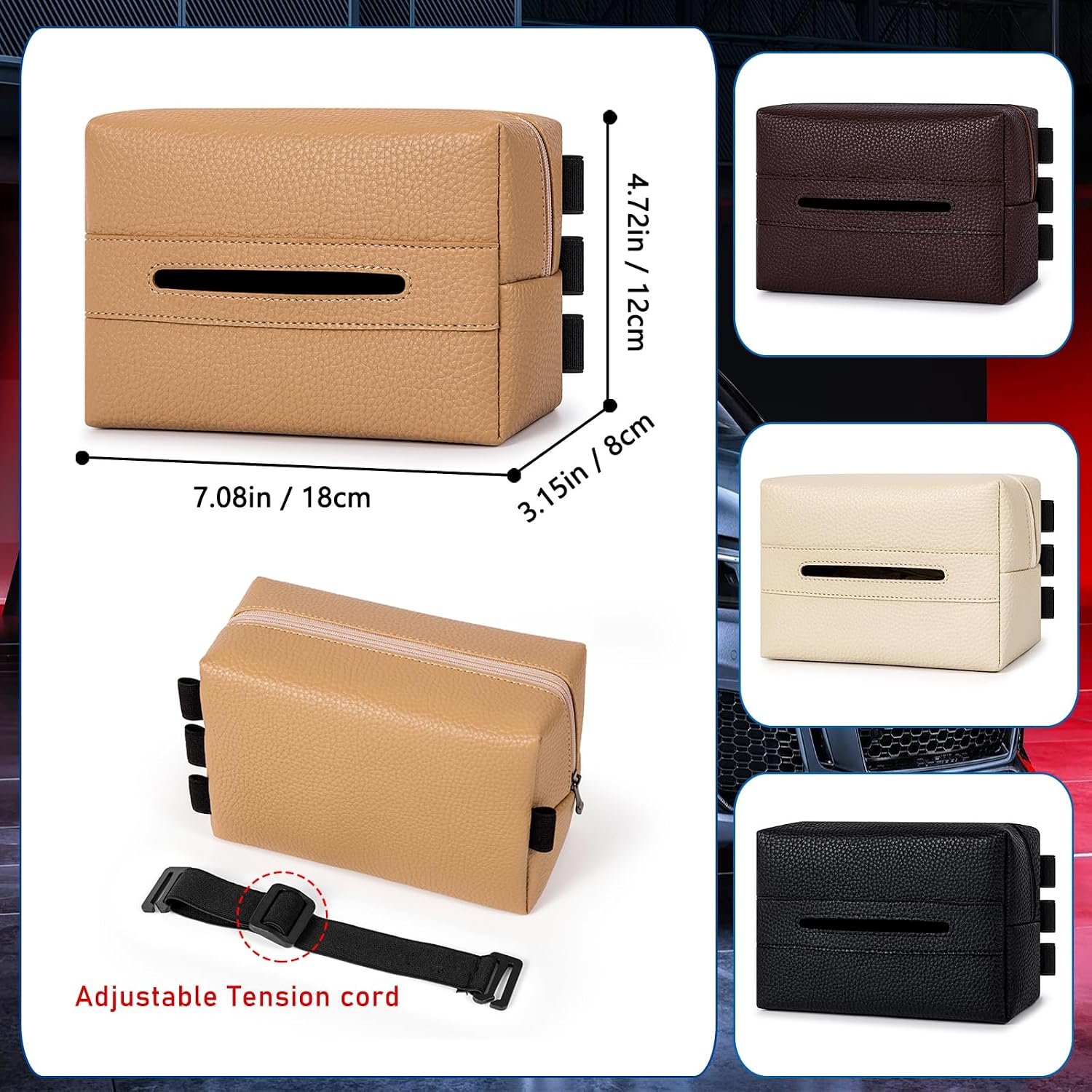 Car Tissue Holder, Standard Tissue Holder for Pu Leather Car Napkin Holder, Backseat Extra Large Tissue Organization Fit for 120-230 Tissues per Box 7.08'' x 4.72'' x 3.15'' (Khaki) - Image 2