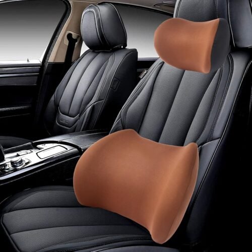 New Car Headrest&Lumbar Support Cushion Set,Marshmallow-Soft car headrest Pillow, Ergonomic Lumbar Support Pillow for car, Relieve Back and Neck Fatigue During Driving. (Brown)