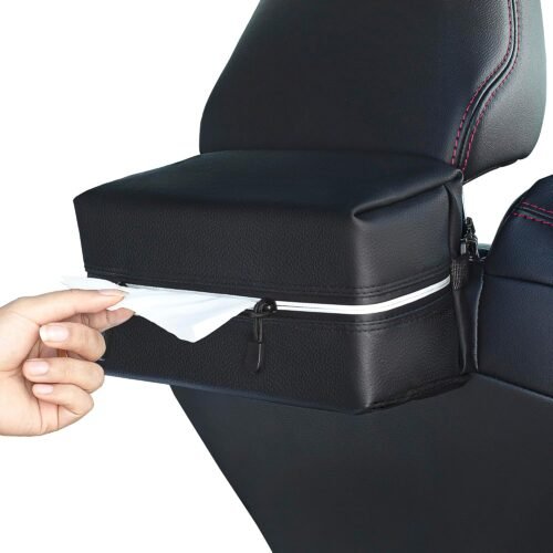 Car Tissue Holder for 120-160-230 Count Kleenex Facial Tissues Box - Waterproof Zipper Cover, Soft Black Leather with Adjustable Strap, Ideal for Car Seat Headrest, Console, Boat, Home ()