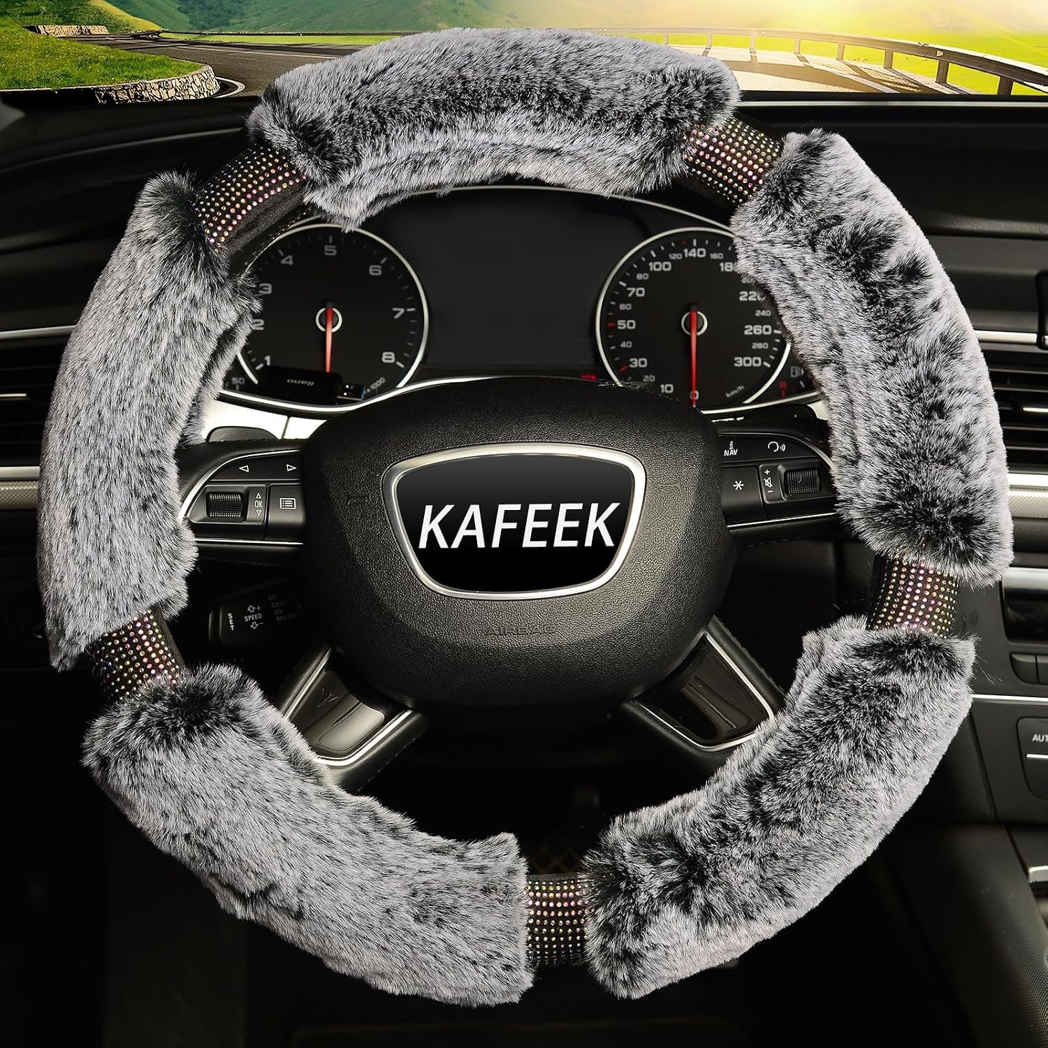 Diamond Fluffy Microfiber Plush Steering Wheel Cover with Bling Bling Crystal Rhinestones for Winter Warm, Universal 15 inch Fuzzy Steering Wheel Cover,Gray - Image 2